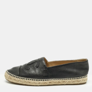 luxury-women-chanel-used-shoes-p1210062-001.jpg chanel black leather cc cap toe espadrille flats size 42