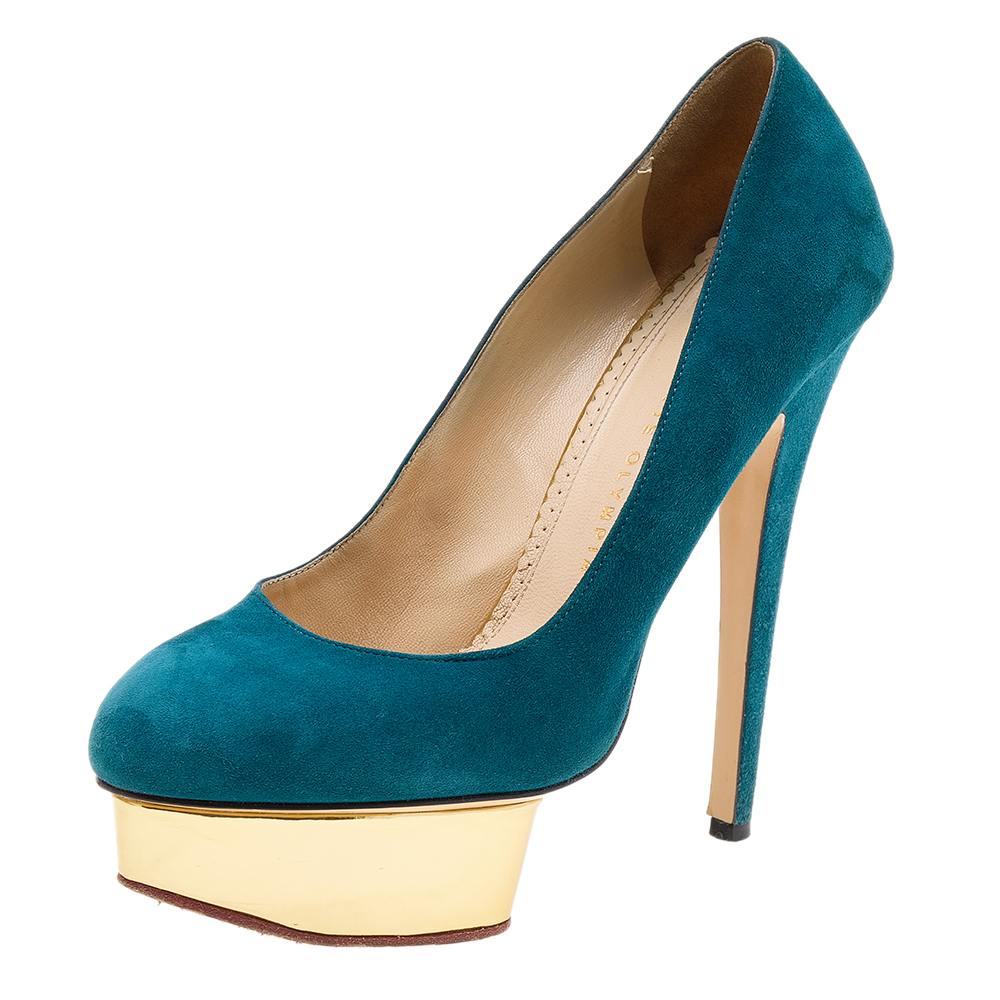 luxury-women-charlotte-olympia-used-shoes-p616071-006.jpg Charlotte Olympia Teal Blue Suede Dolly Platform Pumps Size 39