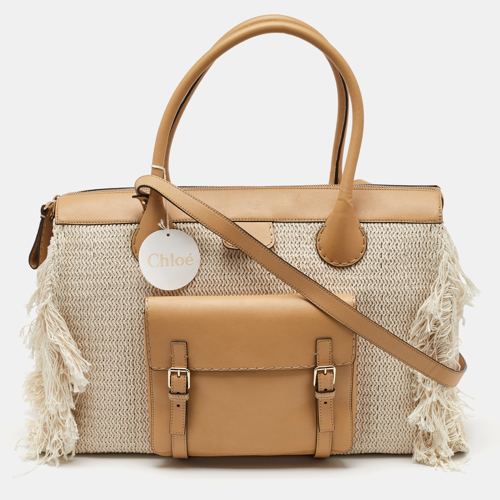 chloe cream/tan leather and linen fringe edith oversized day bag