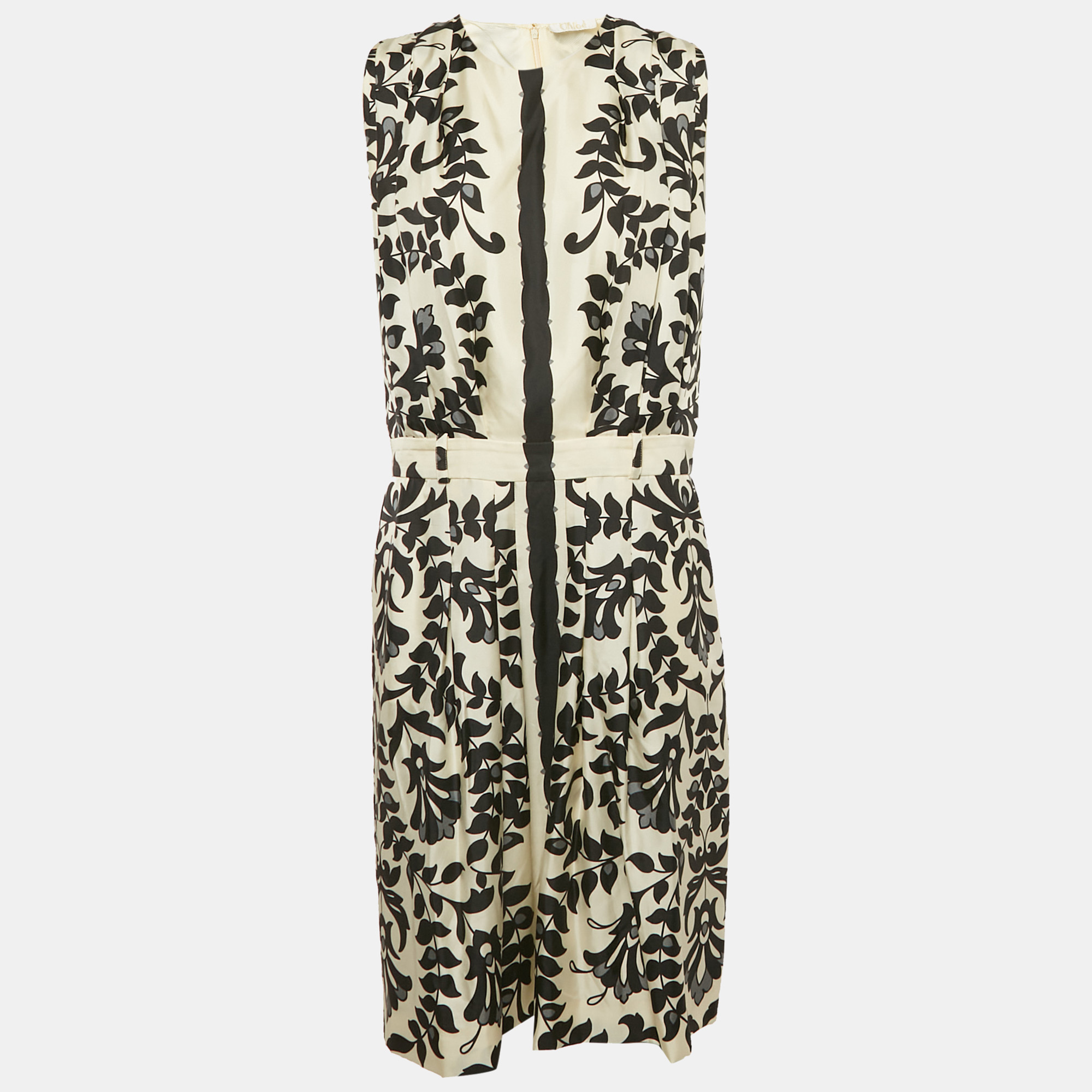 chloe black/white printed silk sleeveless knee-length dress m
