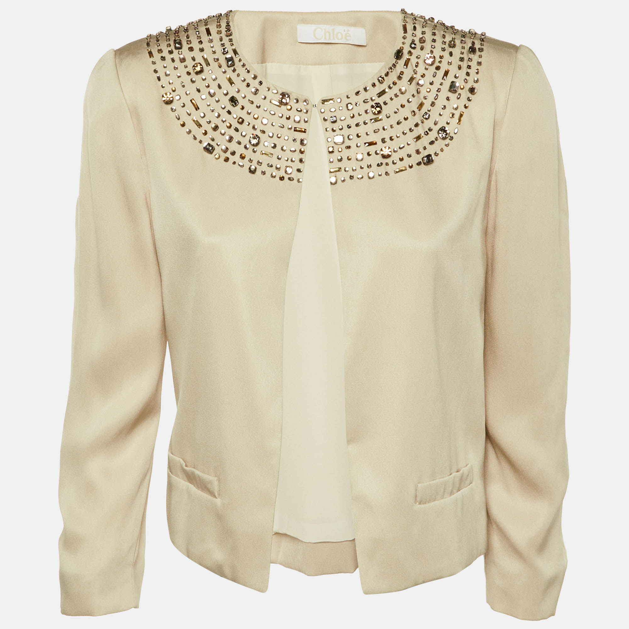 chlo&eacute; sable beige silk crystal embellished jacket m