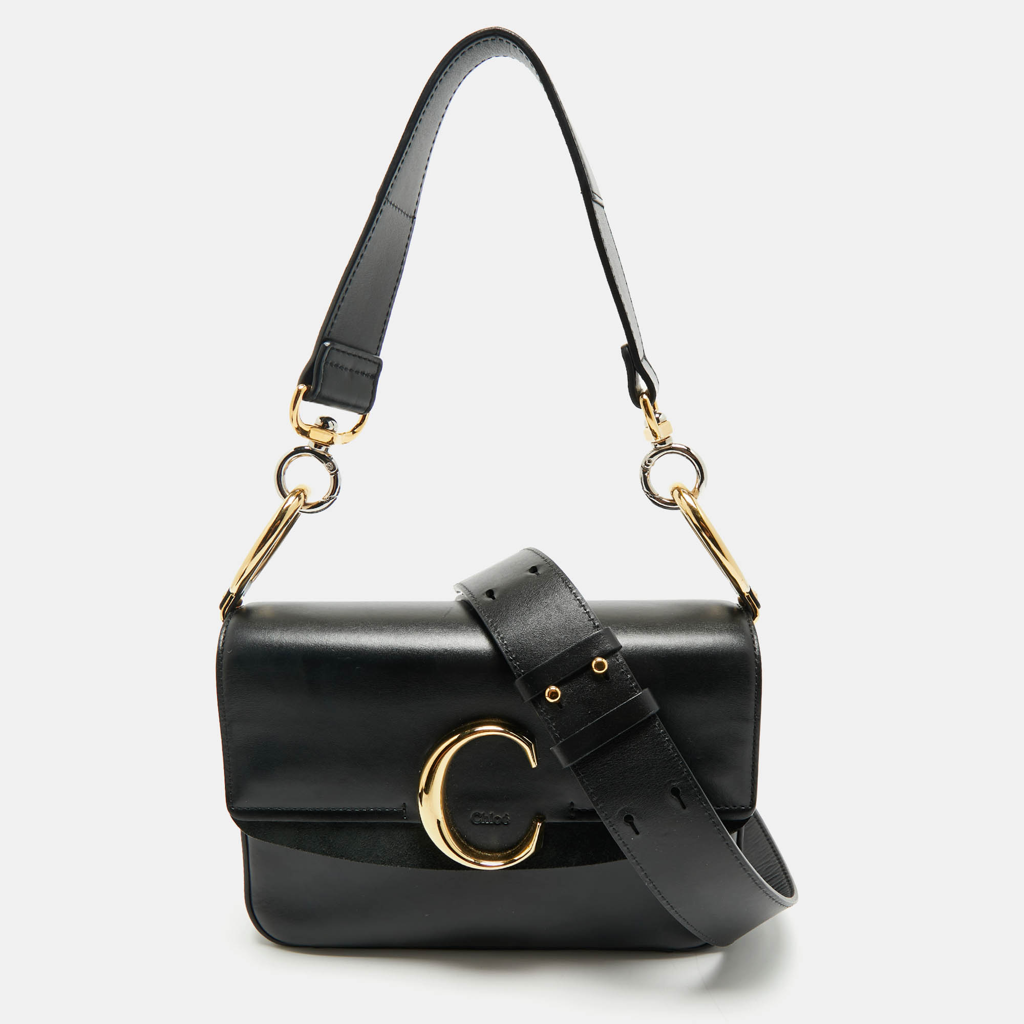chloe black leather c top handle bag