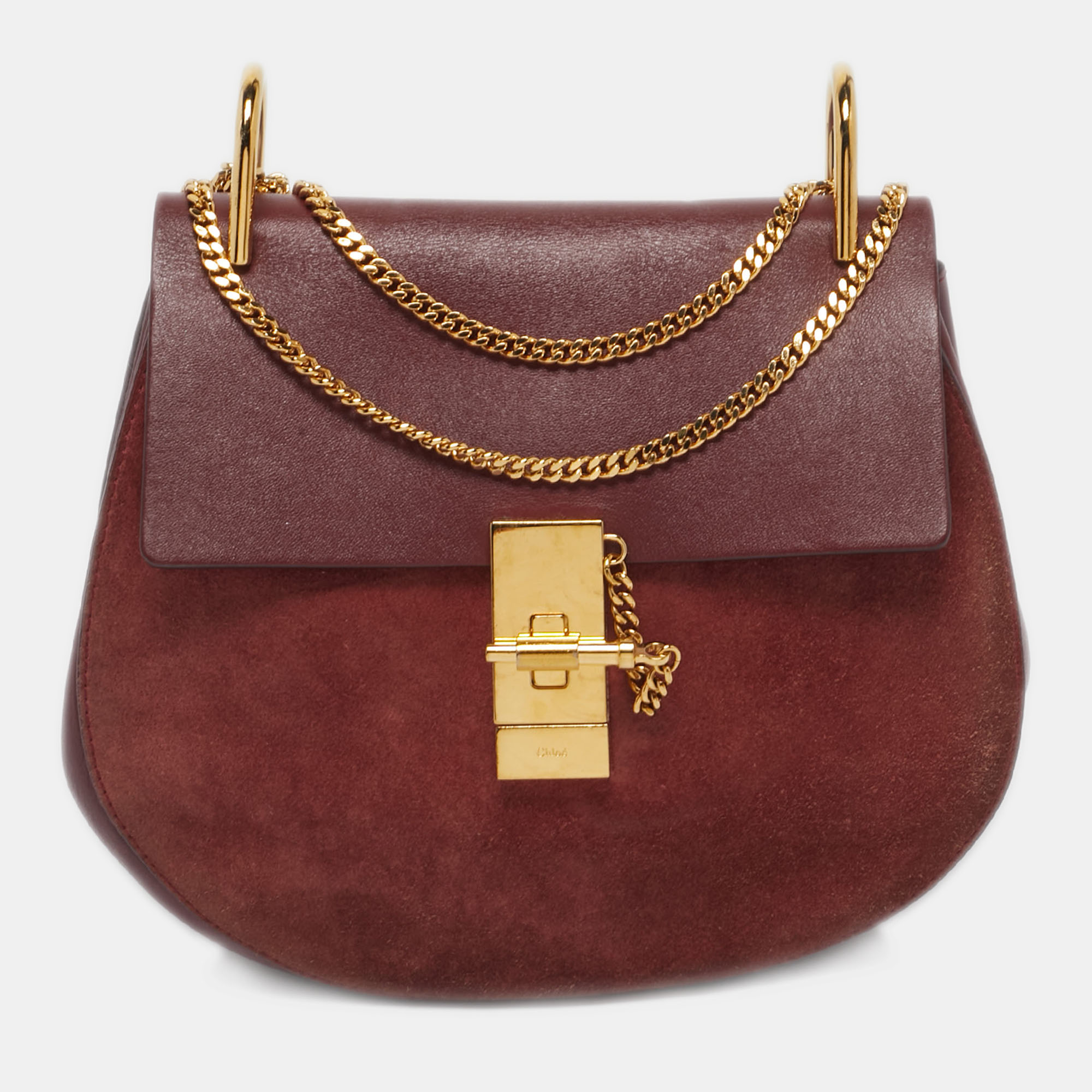 chloe burgundy leather and suede medium drew shoulder bag