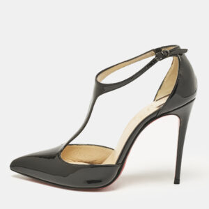 christian louboutin black patent leather pointed toe t-strap pumps size 35.5
