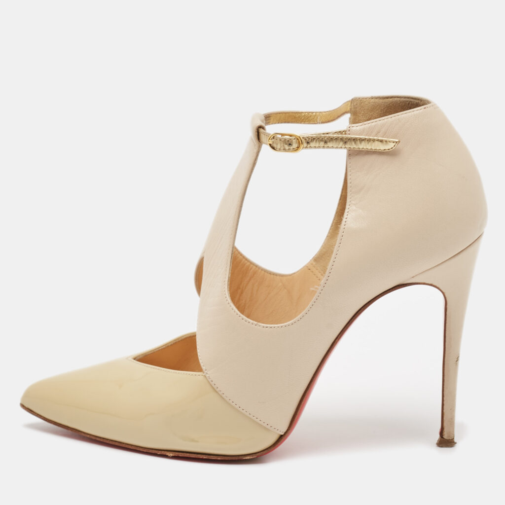 Christian Louboutin Beige/Nude Leather and Patent Leather Dictata Pumps Size 35.5