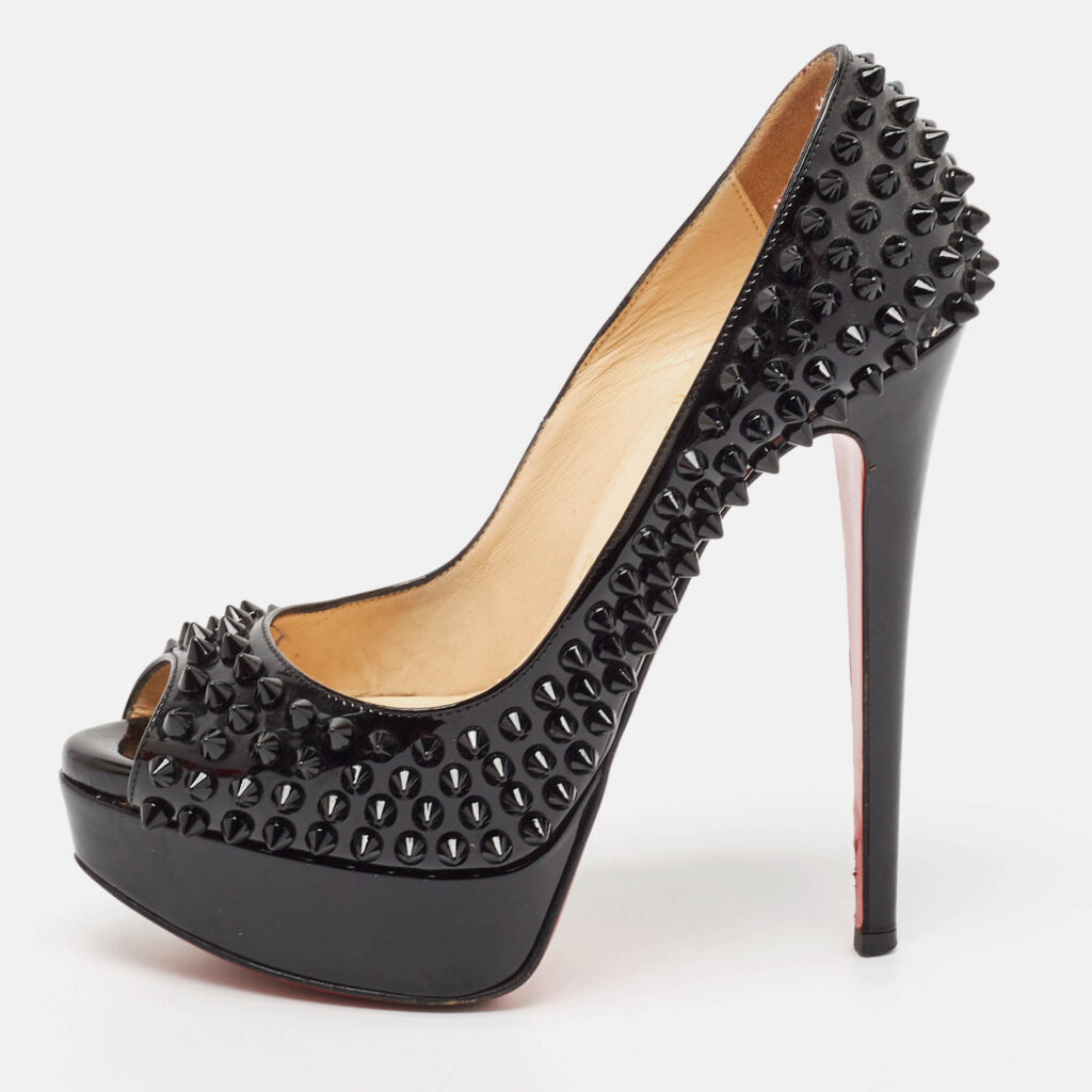 Christian Louboutin Black Patent Lady Peep Spikes Pumps Size 35