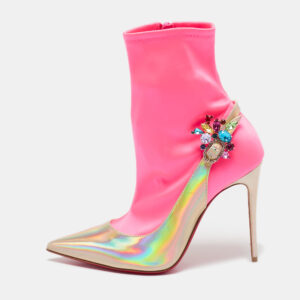 christian louboutin gold/neon pink iridescent leather and fabric jessie joli ankle boots size 36