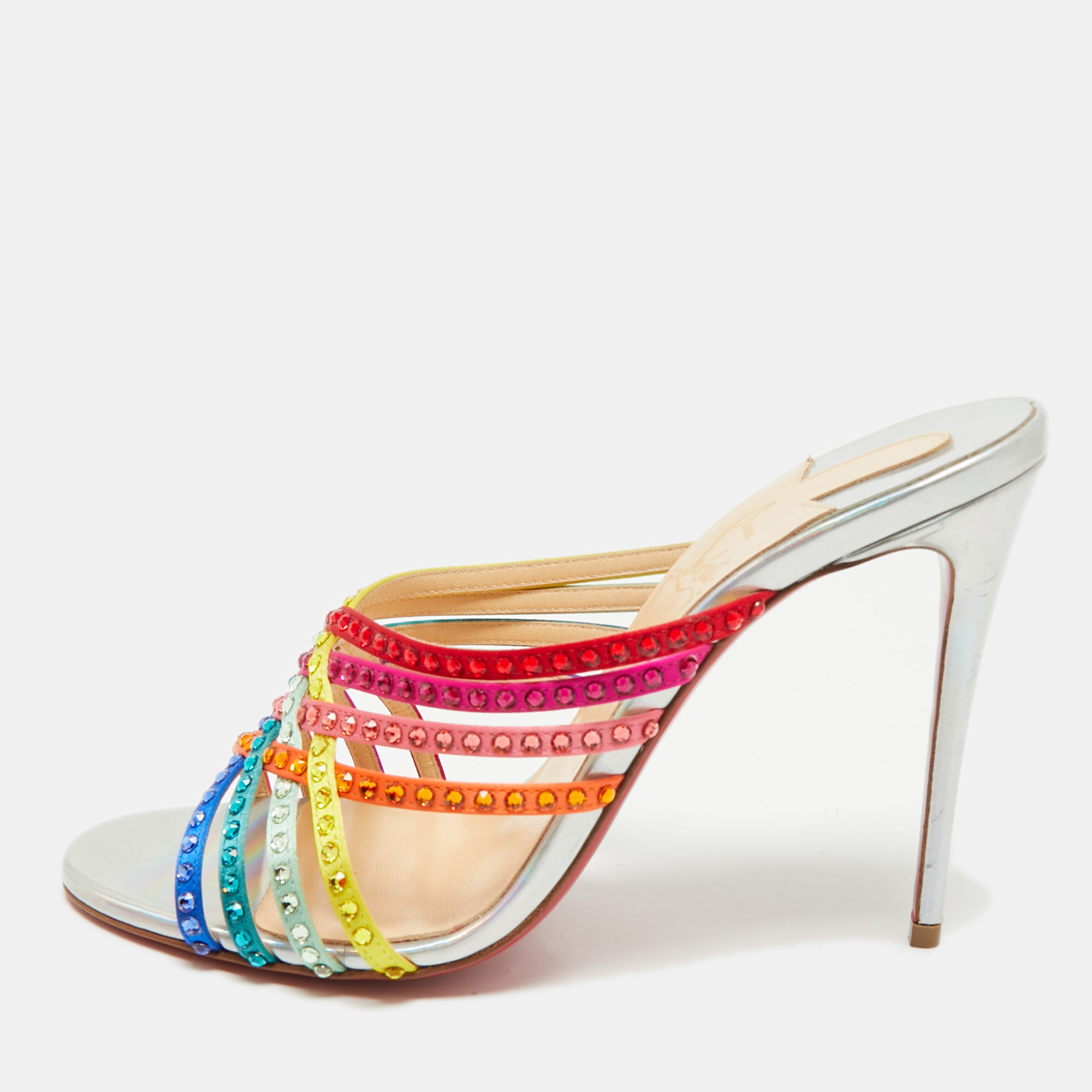 christian louboutin multicolor satin marthastrass slide sandals size 38