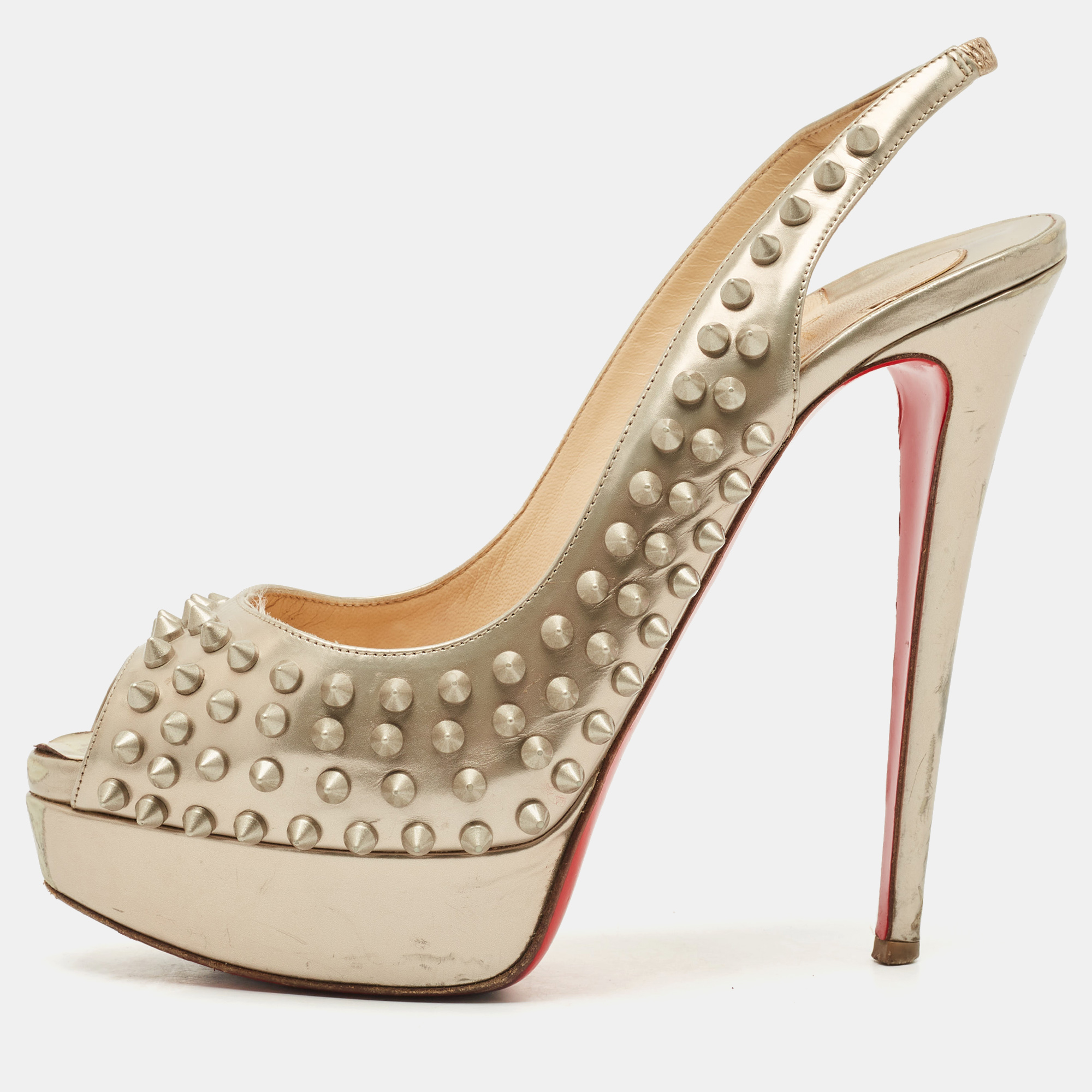 christian louboutin gold  leather clou noeud platform slingback sandals size 39.5