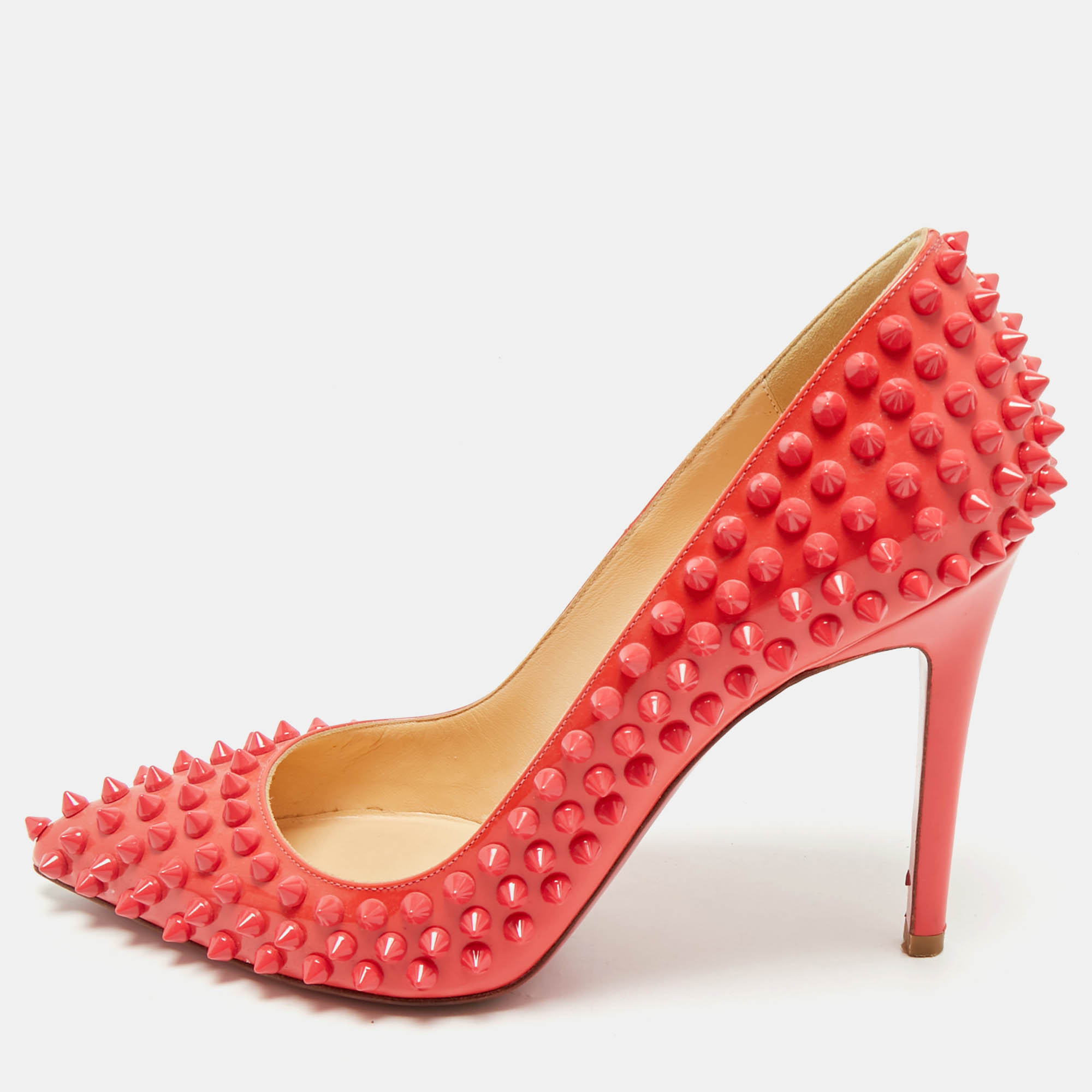 christian louboutin pink patent leather pigalle spikes pointed toe pumps size 37.5