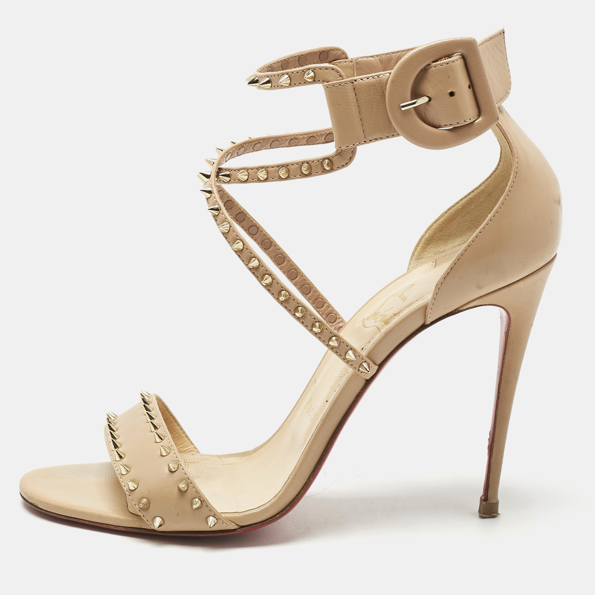 christian louboutin beige leather spike choca lux sandals size 39.5