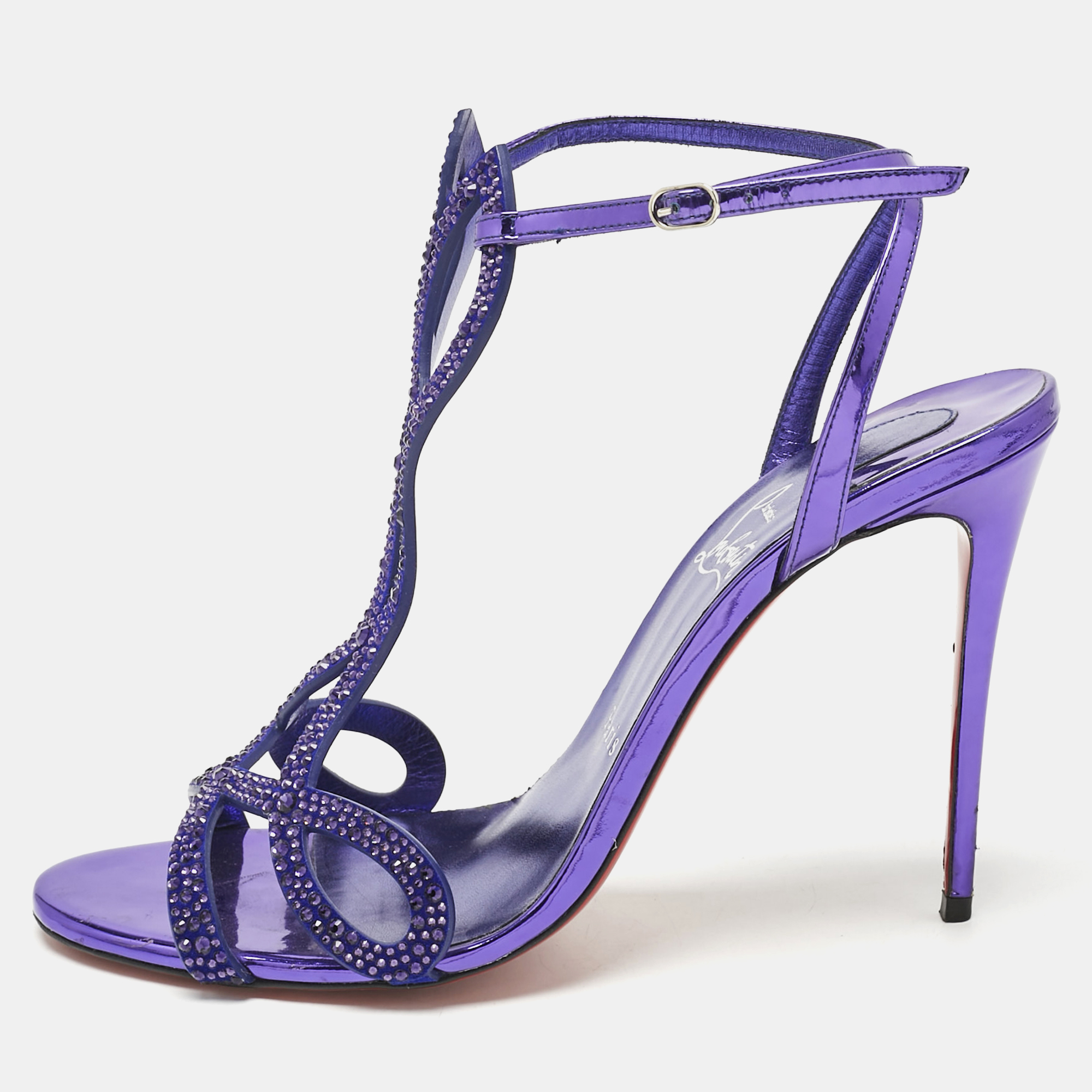 christian louboutin purple crystal embellished suede double l sandals size 40.5