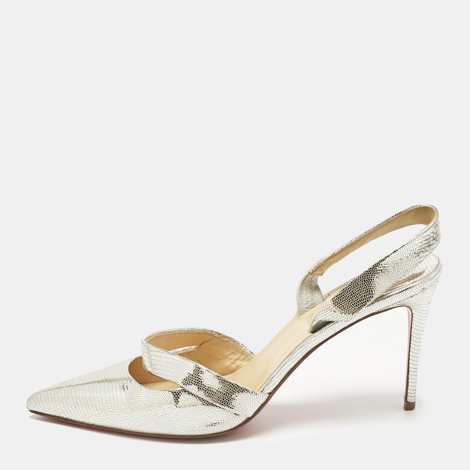 christian louboutin silver texture leather actina slingback sandals size 38