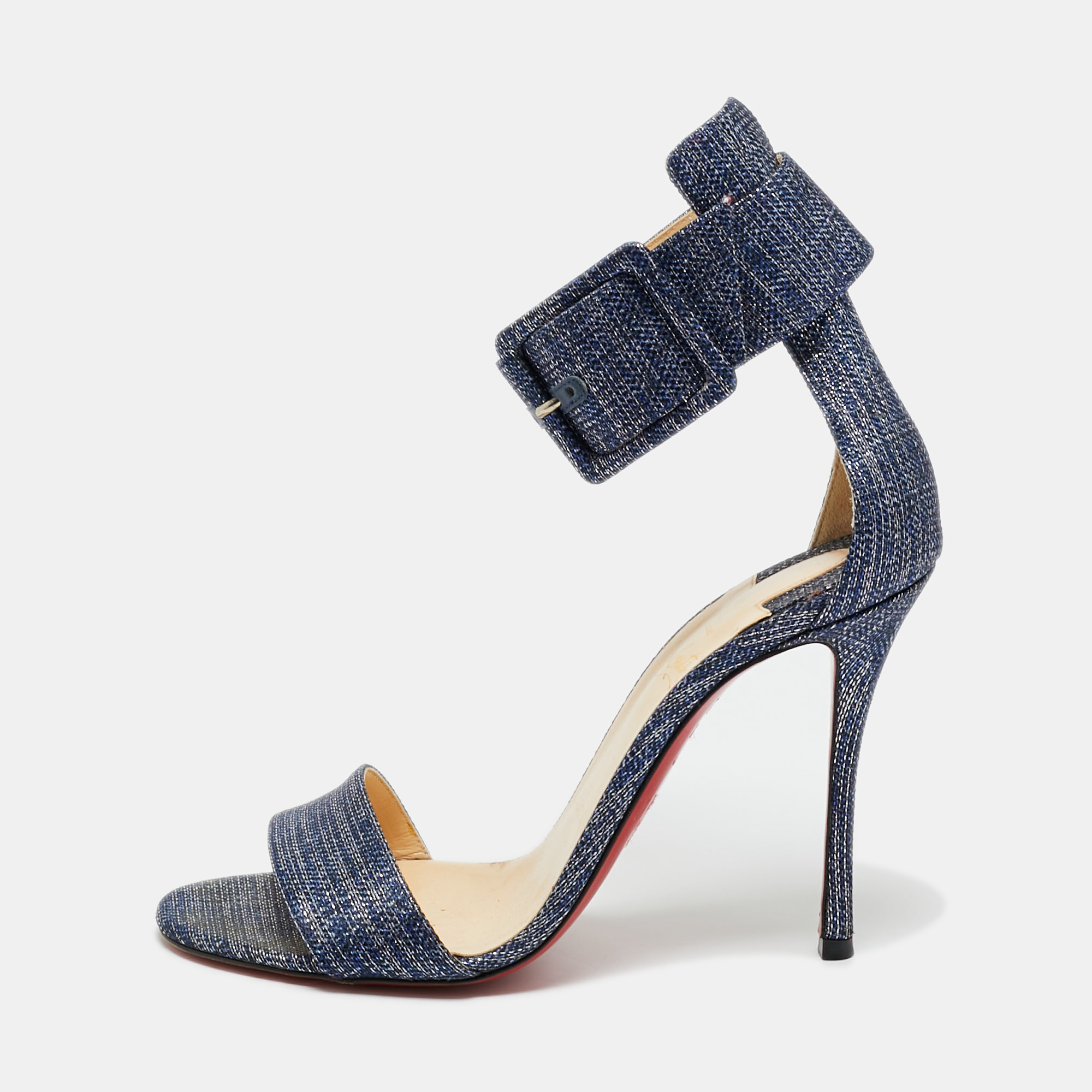 christian louboutin blue tweed ankle strap sandals size 37.5