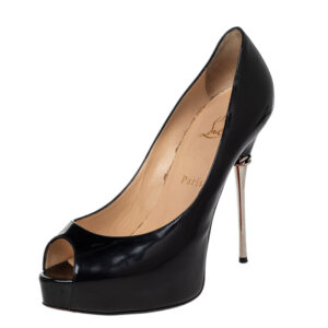 christian louboutin black patent leather miss desprez chain detail peep toe pumps size 38.5