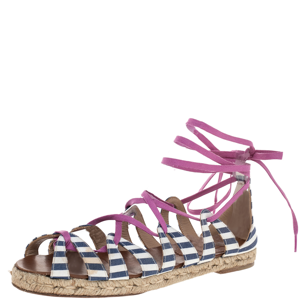 luxury-women-christian-louboutin-used-shoes-p479482-001.jpg Christian Louboutin Multicolor Fabric Espadrille Ankle Wrap Flat Sandals Size 36