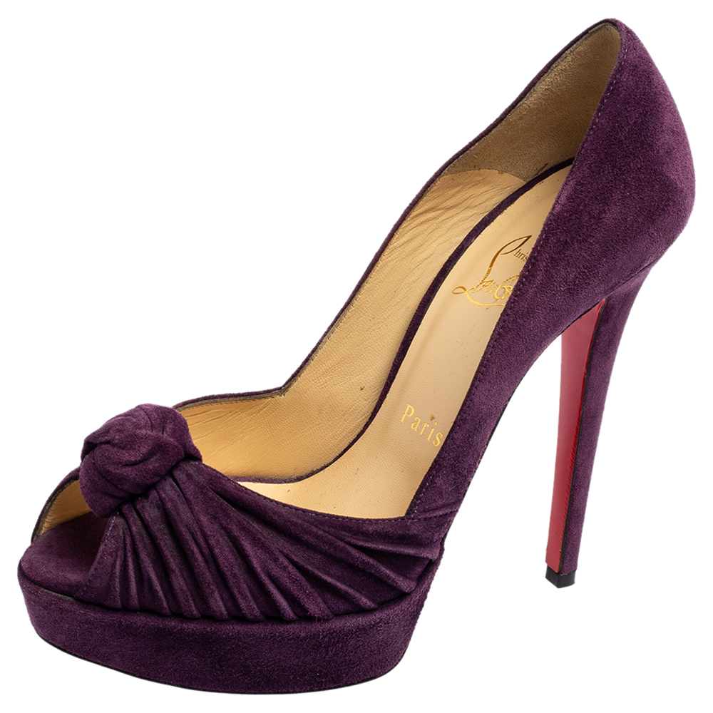 luxury-women-christian-louboutin-used-shoes-p567962-006.jpg Christian Louboutin Purple Suede Knotted Greissimo Peep-Toe Platform Pumps Size 37