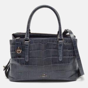 coach navy blue croc embossed leather brooklyn carryall 28 tote