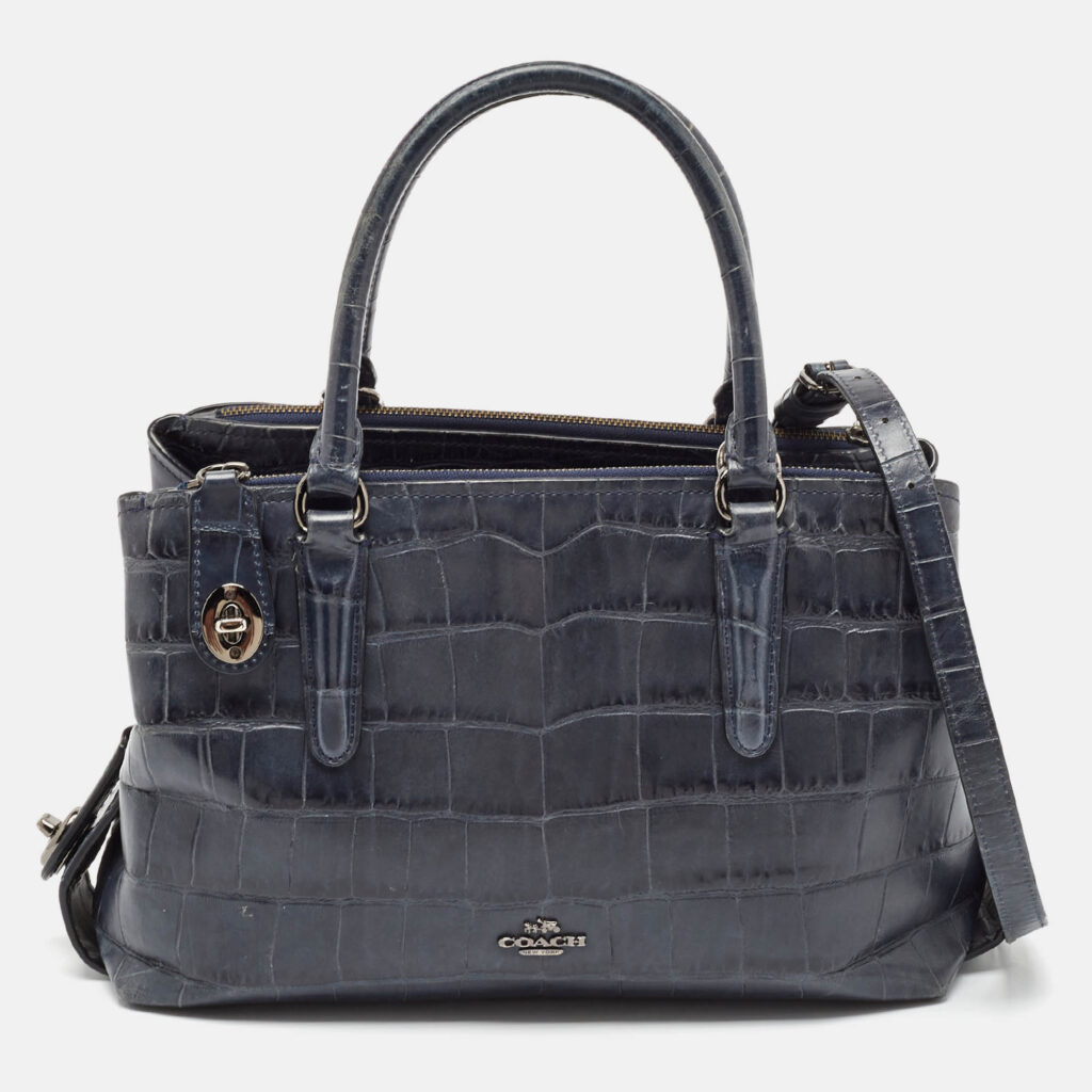 luxury-women-coach-used-handbags-p1106560-017-2.jpg Coach Navy Blue Croc Embossed Leather Brooklyn Carryall 28 Tote