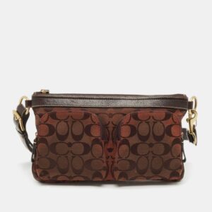 coach dark brown signature canvas double pocket waist bag