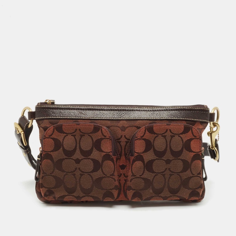luxury-women-coach-used-handbags-p1141590-1745336064-009.jpg Coach Dark Brown Signature Canvas Double Pocket Waist Bag