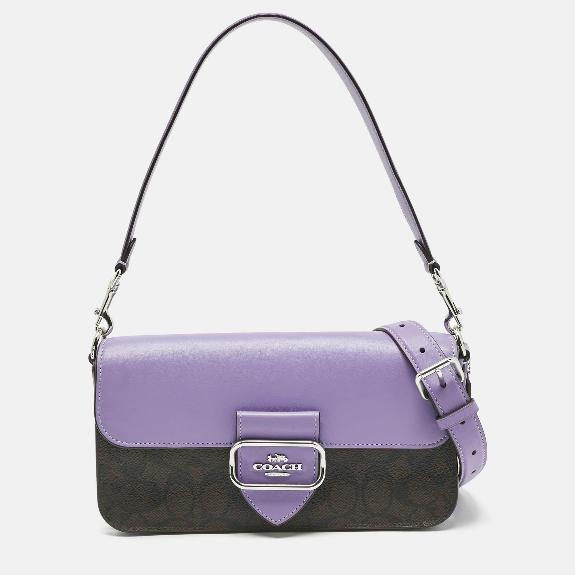 coach purple/brown signature coated canvas and leather morgan crossbody bag