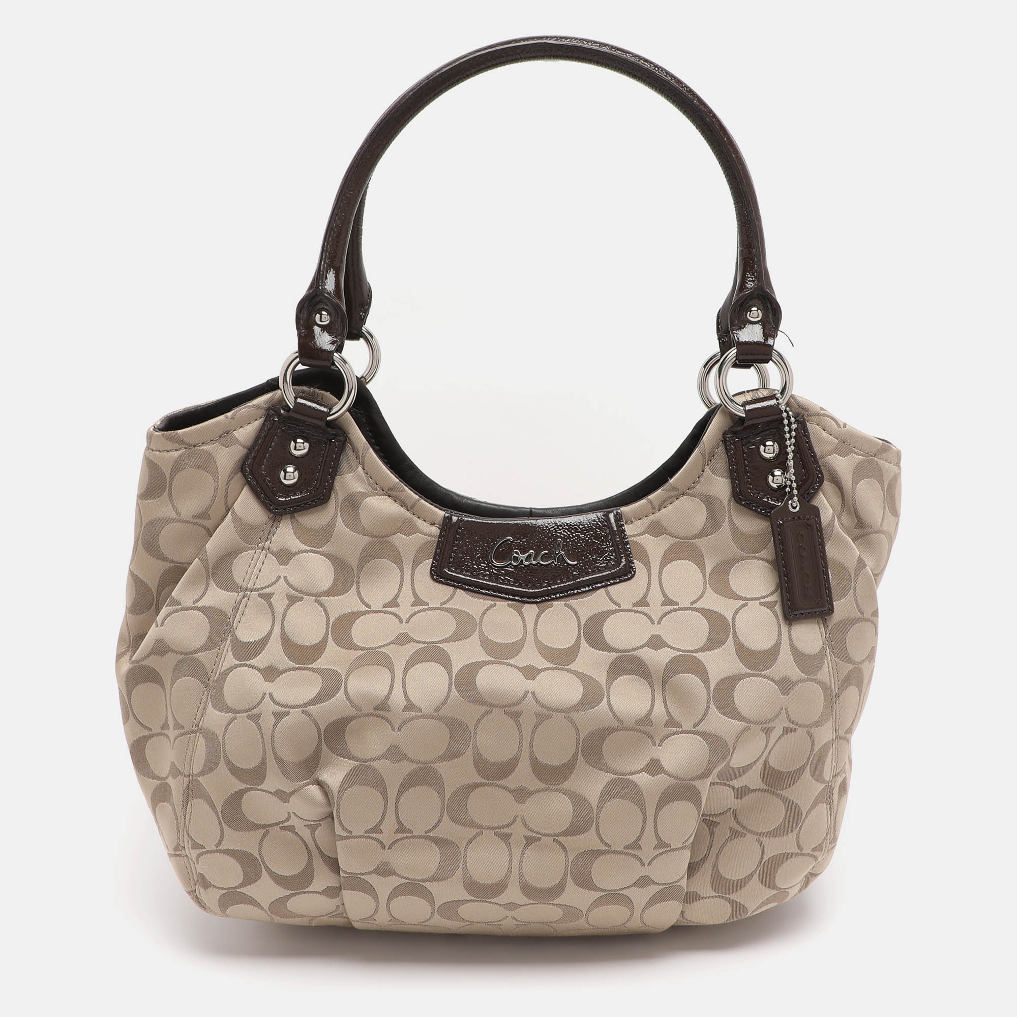 coach beige canvas and patent leather ashley hobo