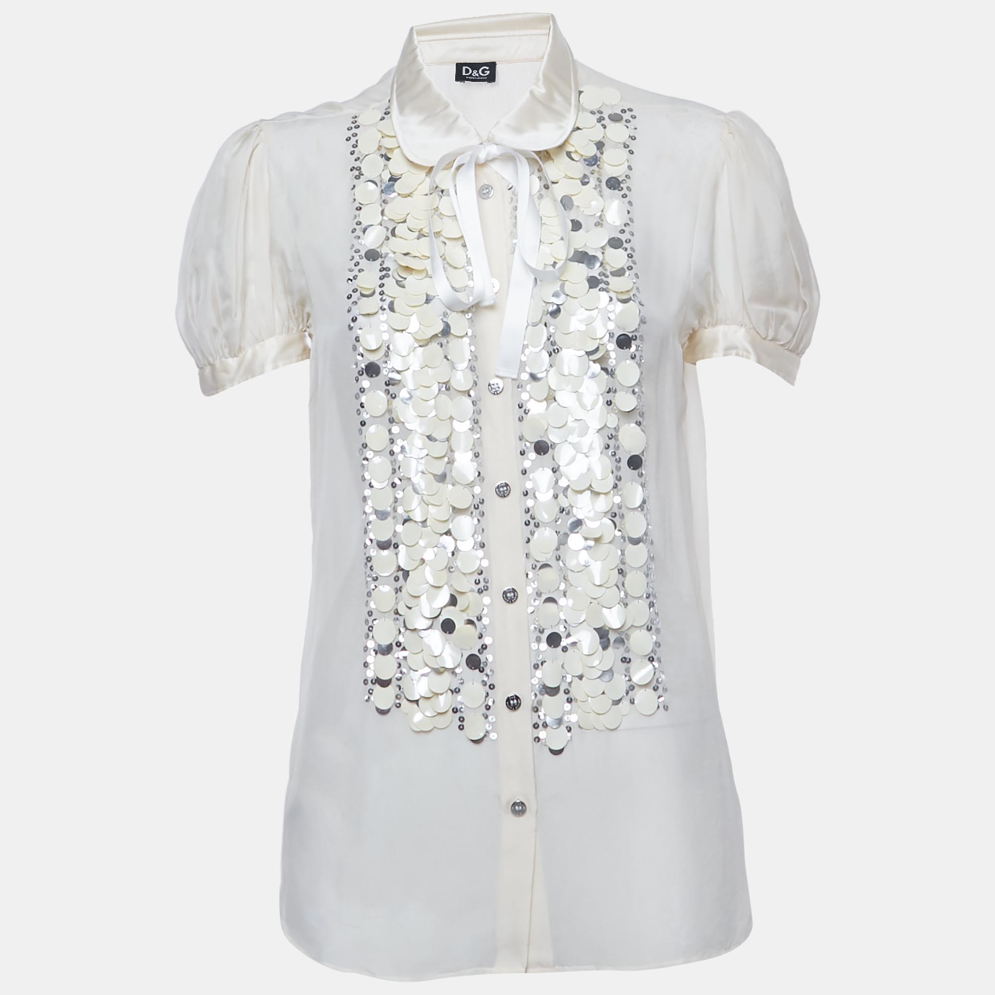 d&g beige sequin embroidered silk shirt l