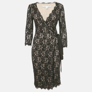 diane von furstenberg black floral lace julianna wrap dress l