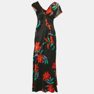 diane von furstenberg black floral print satin asymmetric sleeveless maxi dress m