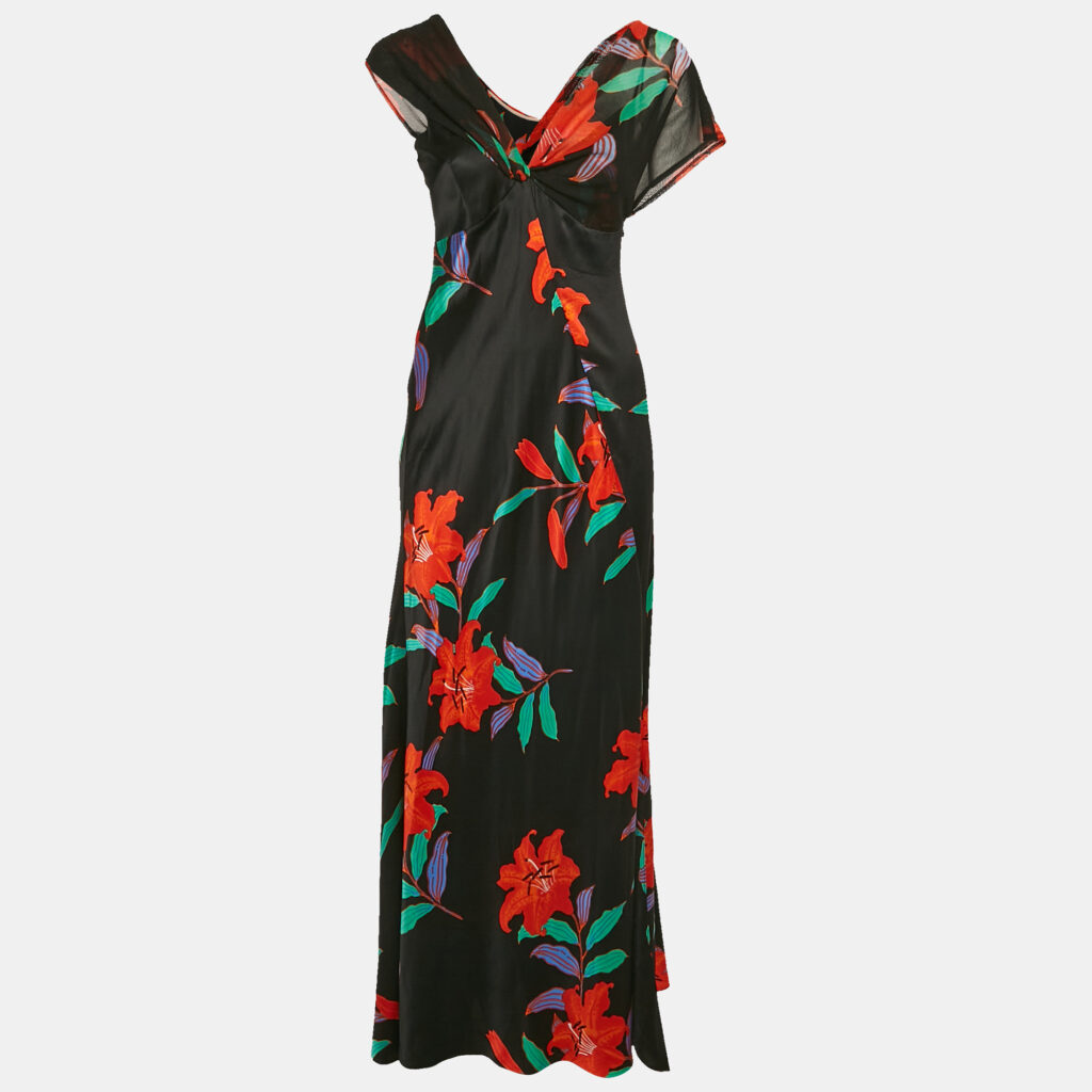 luxury-women-diane-von-furstenberg-used-clothes-p1142728-001.jpg Diane Von Furstenberg Black Floral Print Satin Asymmetric Sleeveless Maxi Dress M