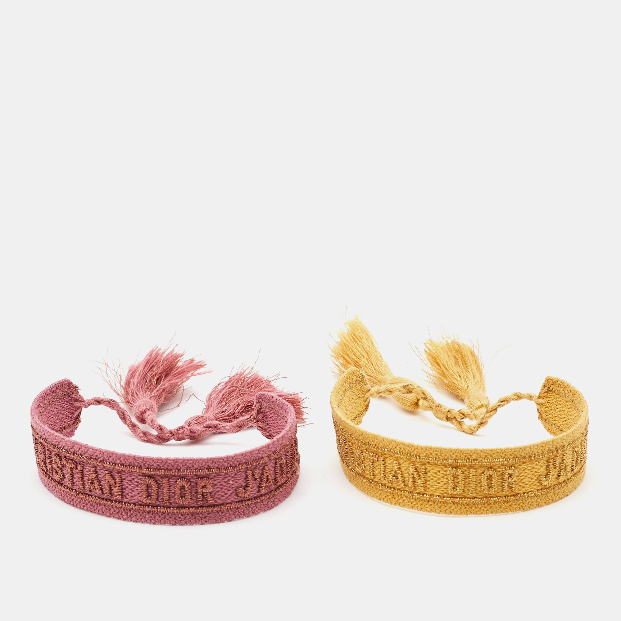 dior pink/yellow j'adior cotton embroidered bracelet set of 2