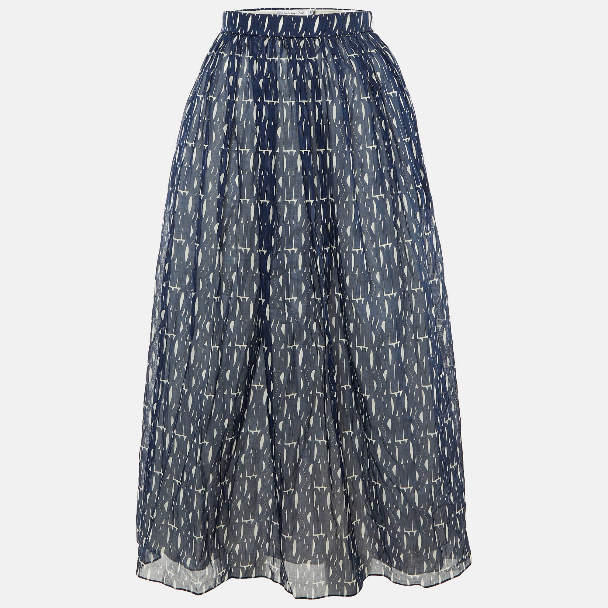 dior navy blue logo print cotton midi skirt m