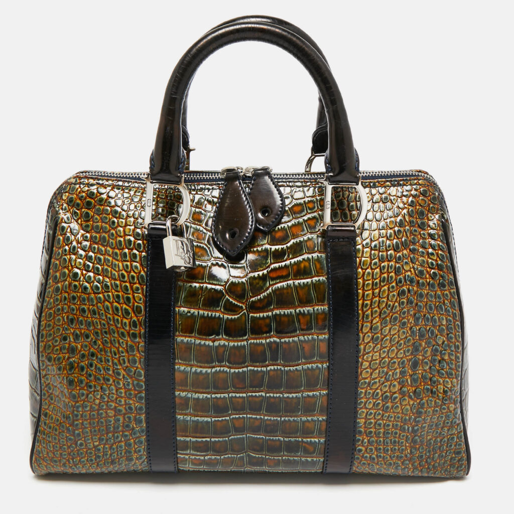 luxury-women-dior-used-handbags-p1095406-012.jpg Dior Green/Black Crocodile Saddle Boston Bag