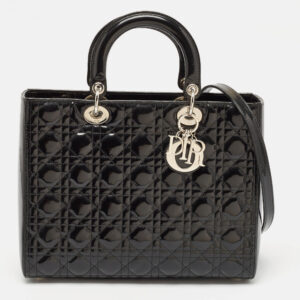 dior black cannage patent leather large lady dior tote