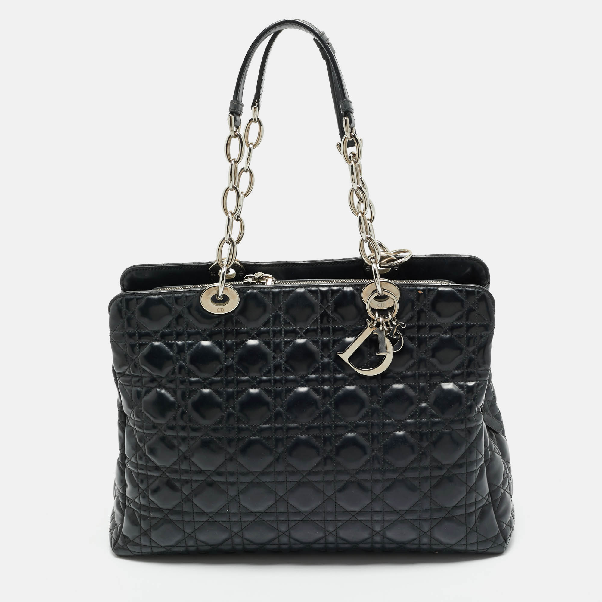 dior black cannage patent leather large soft lady dior shopping tote