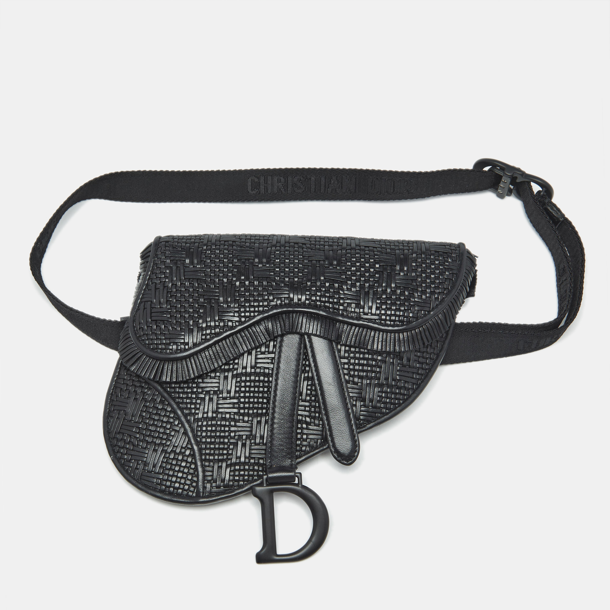 dior black woven leather saddle belt bag