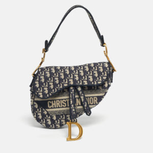 dior navy blue oblique canvas and leather saddle bag
