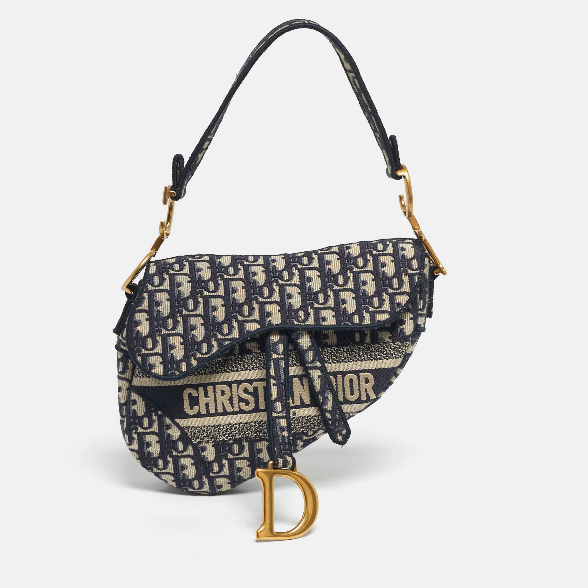 dior navy blue oblique canvas and leather saddle bag