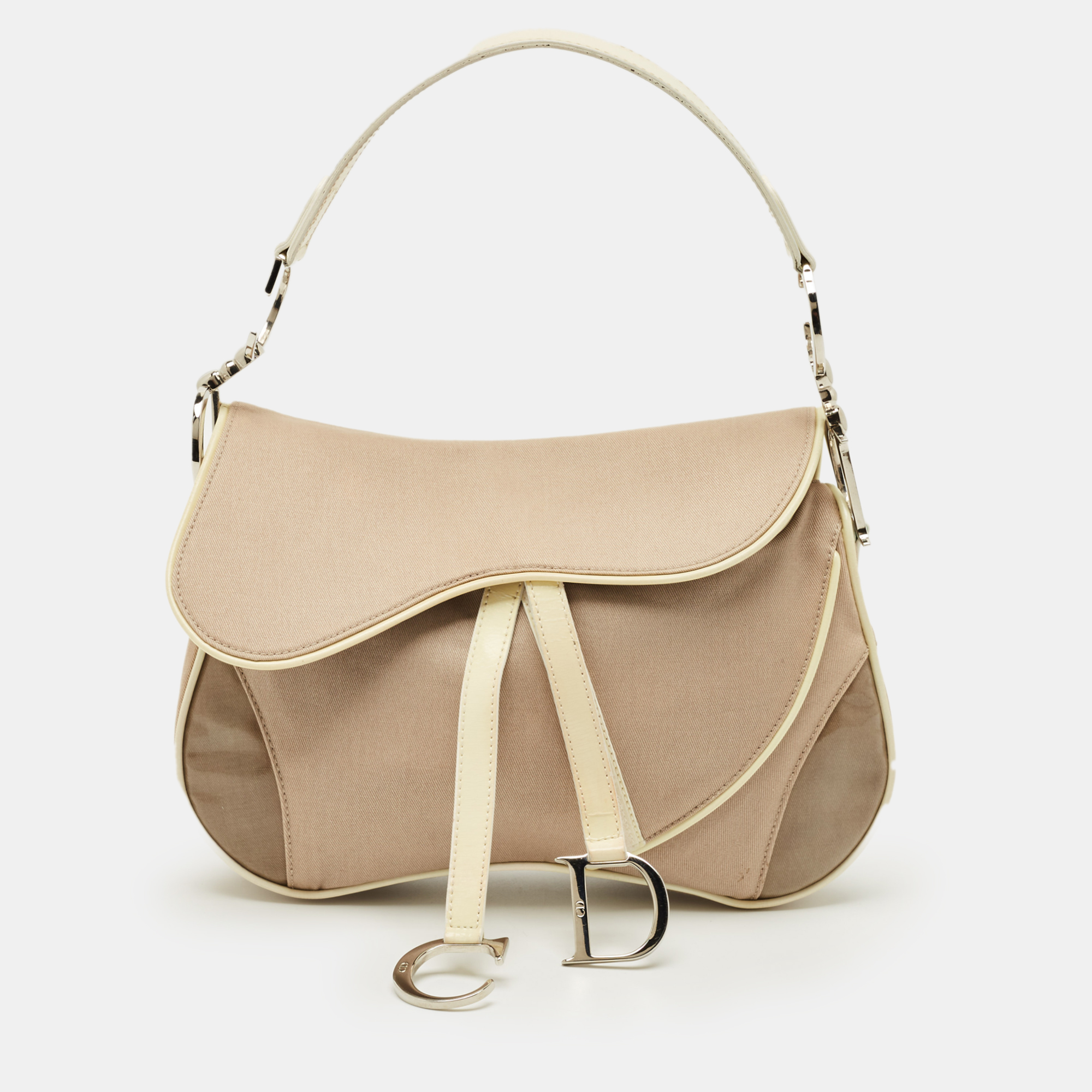 dior beige/cream fabric and patent leather double saddle bag