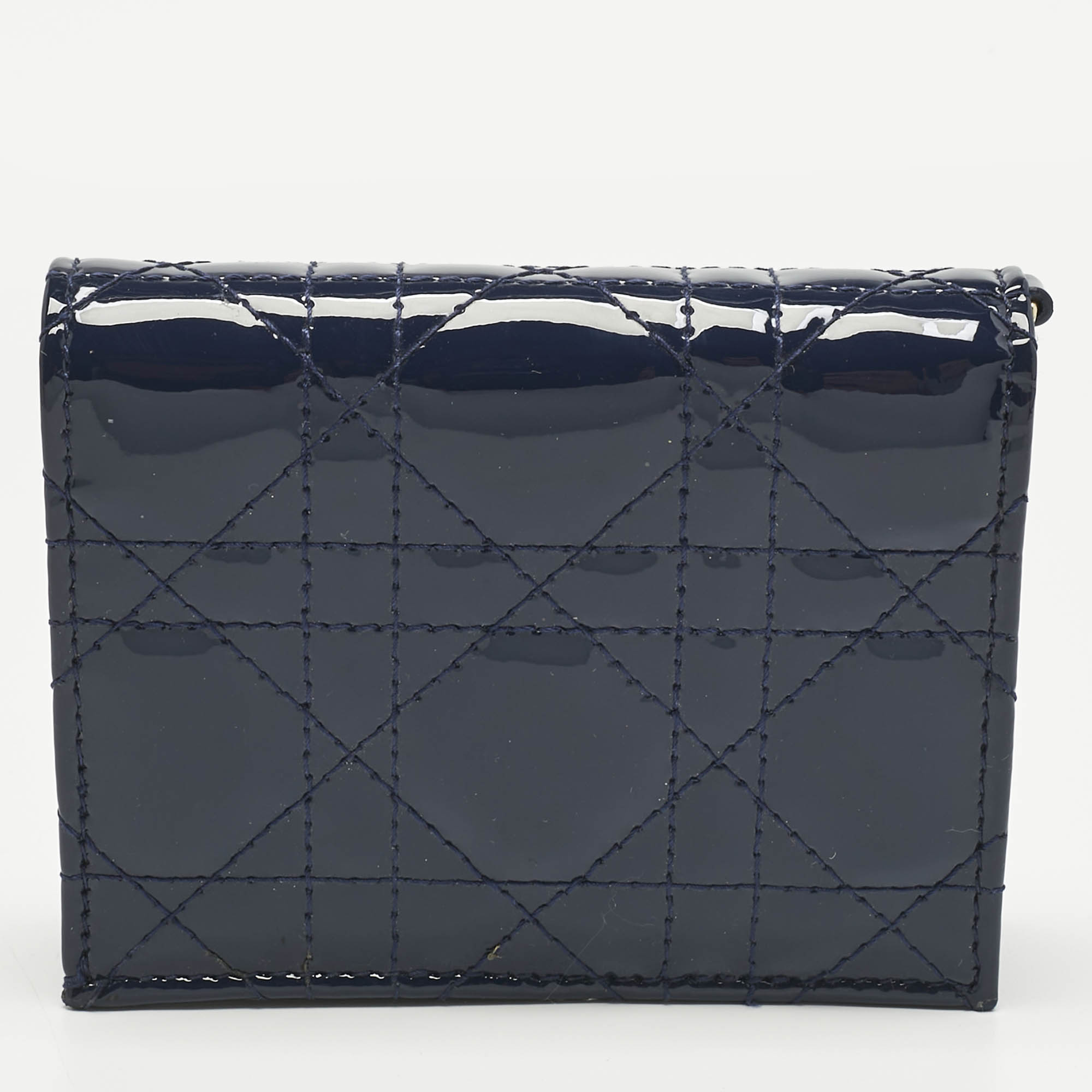 dior navy blue patent leather mini lady dior gardenia wallet