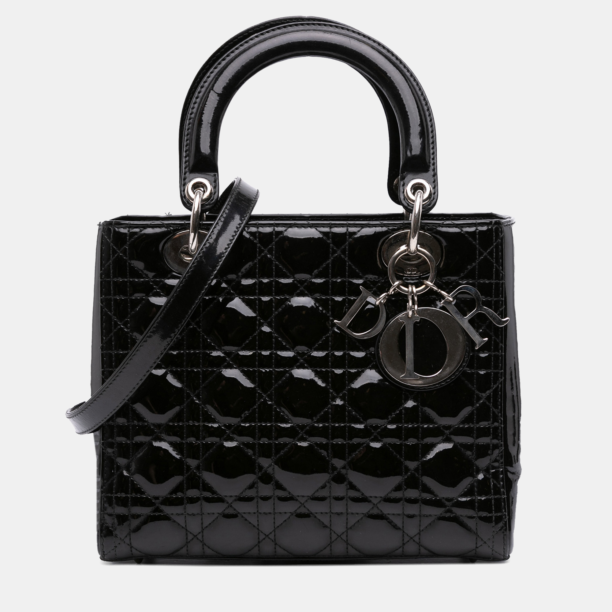 dior black medium patent cannage lady dior