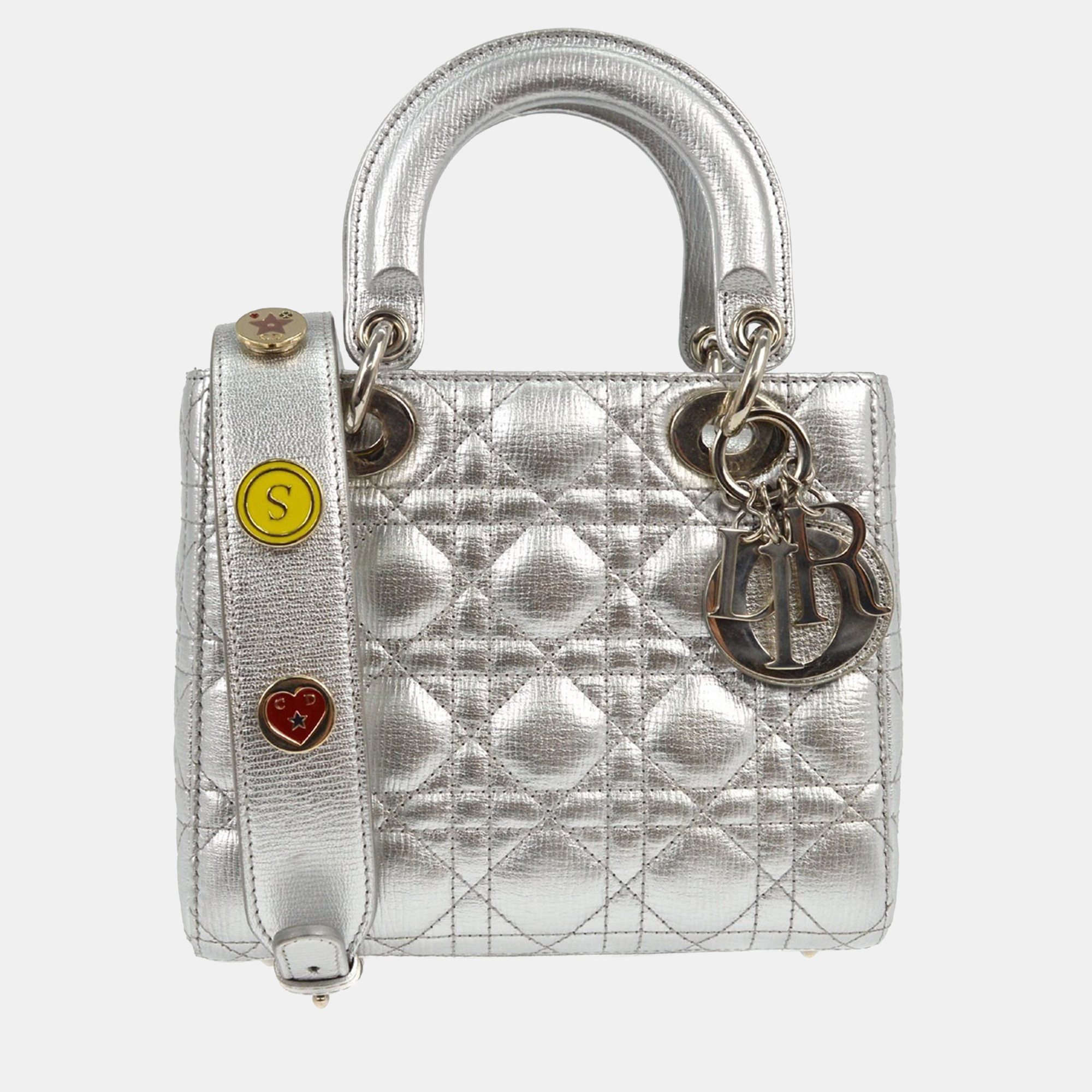 christian dior silver lambskin lady dior cannage 2way handbag