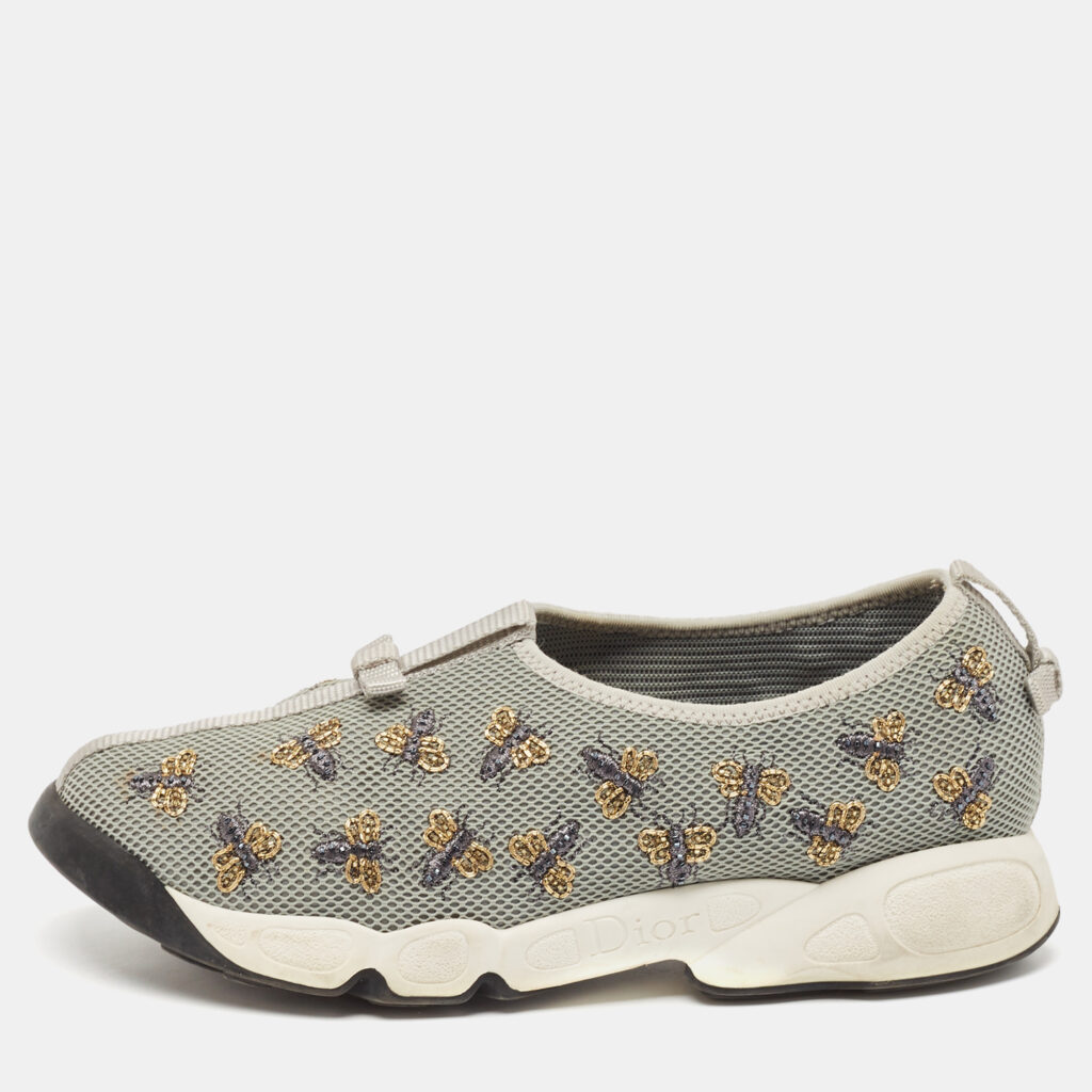 luxury-women-dior-used-shoes-p1092598-010.jpg Dior Grey Mesh Fusion Bee Embellished Slip On Sneakers Size 39.5