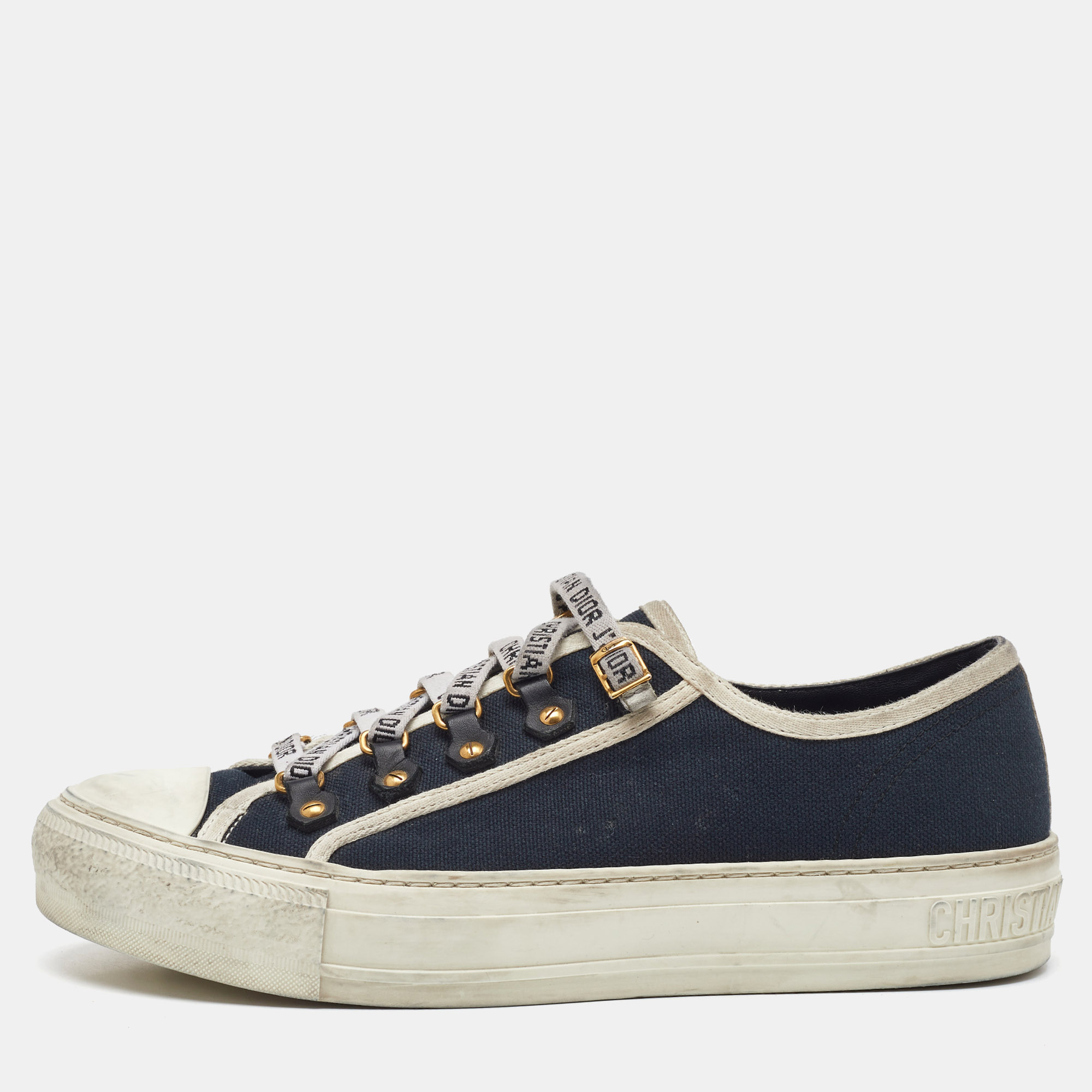 dior navy blue canvas walk'n'dior low top sneakers size 38
