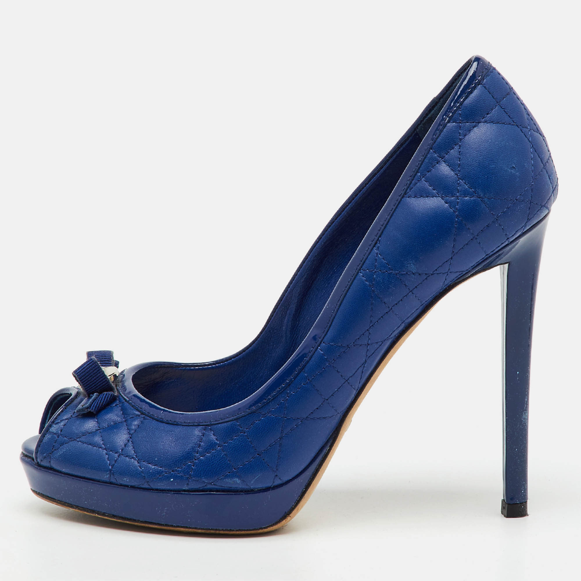 dior blue cannage leather and patent bow peep toe platform pumps size 37