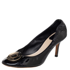 dior black patent leather round metal logo scrunch pumps size 37