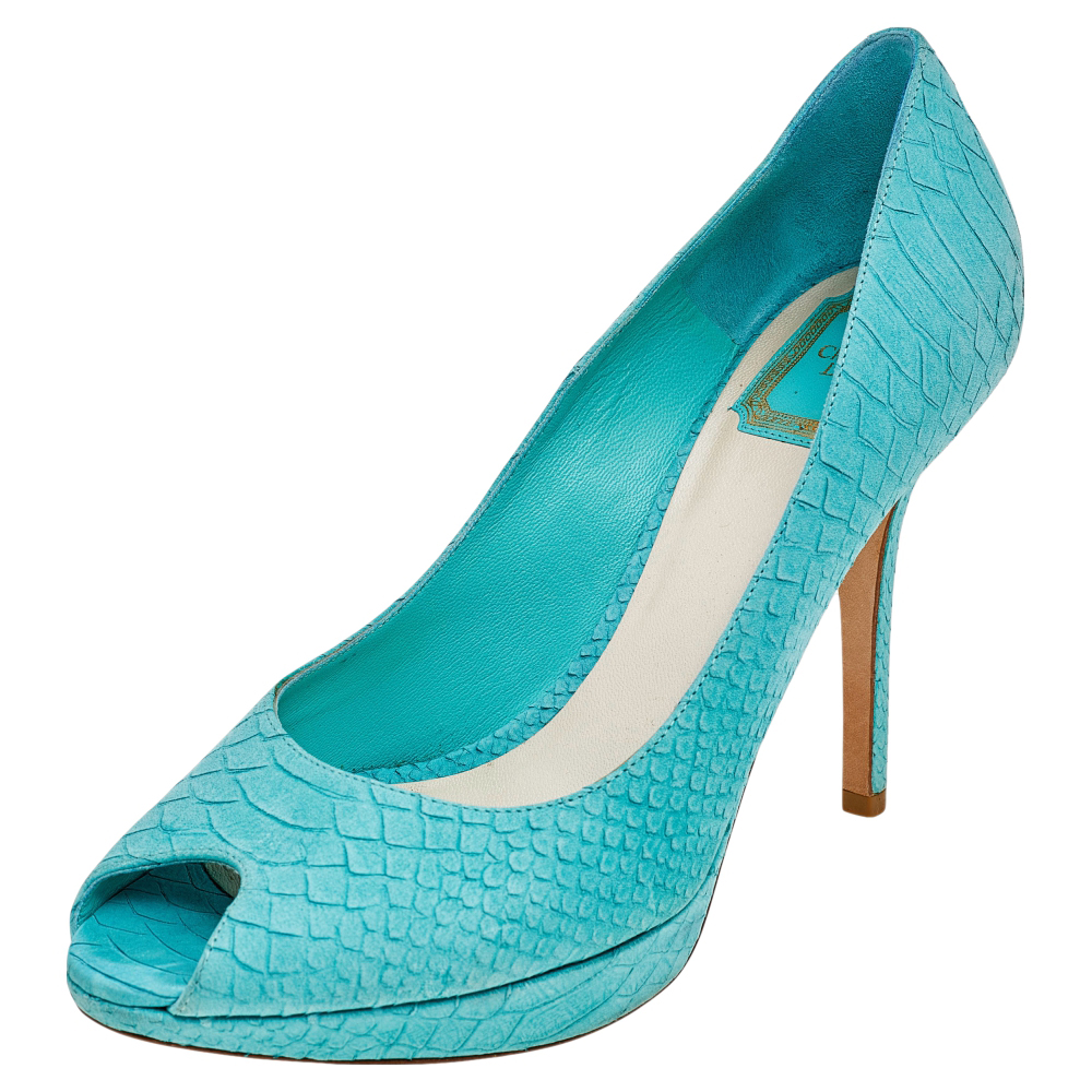 luxury-women-dior-used-shoes-p558545-004.jpg Dior Aqua Blue Python Embossed Suede Miss Dior Peep Toe Platform Pumps Size 40