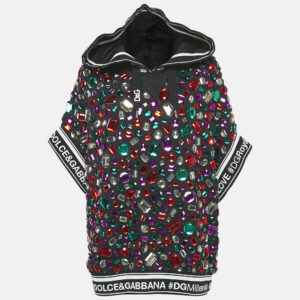 dolce & gabbana black crystal embellished short sleeve hooded sweatshirt s