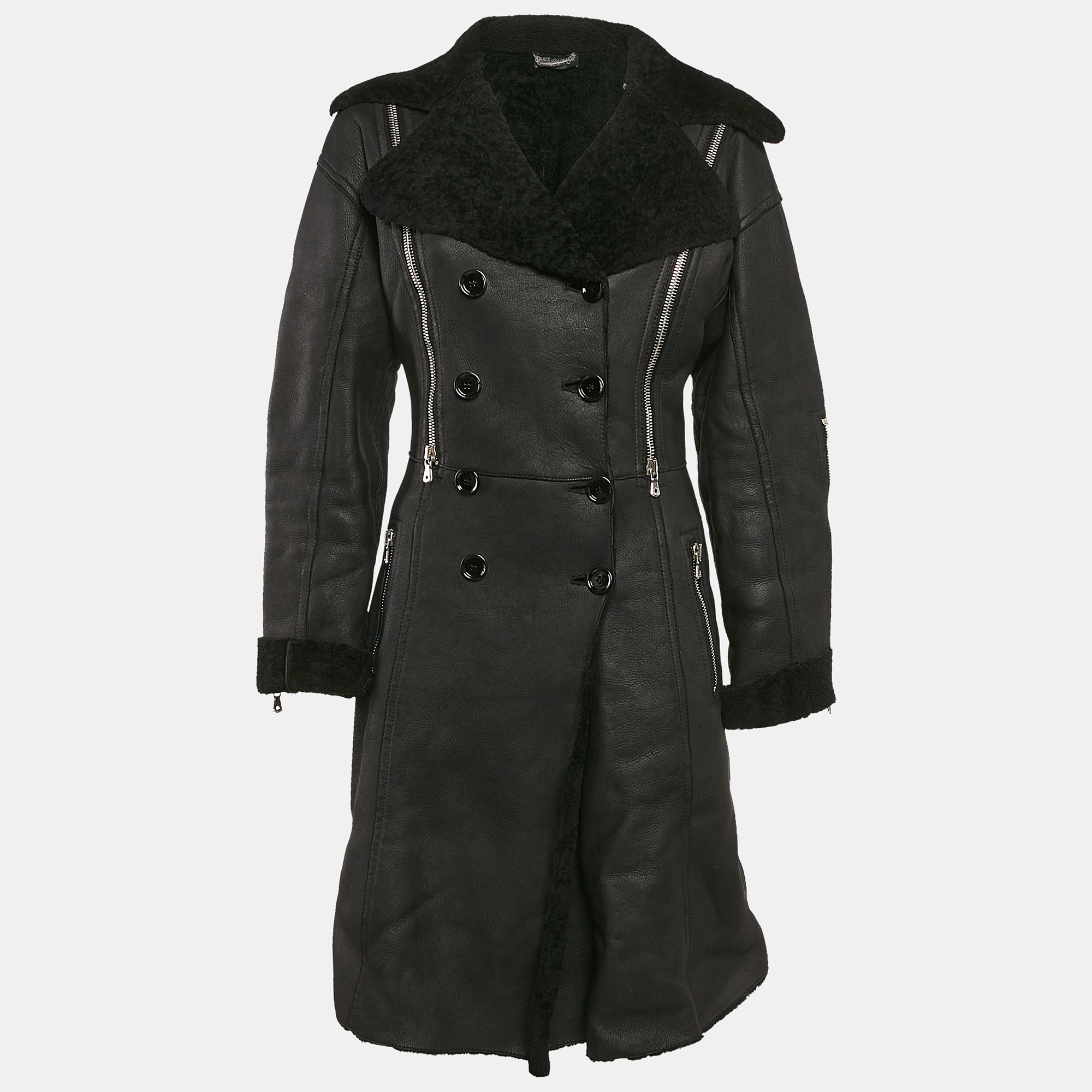 dolce & gabbana black leather and fur zip detail double breasted coat s
